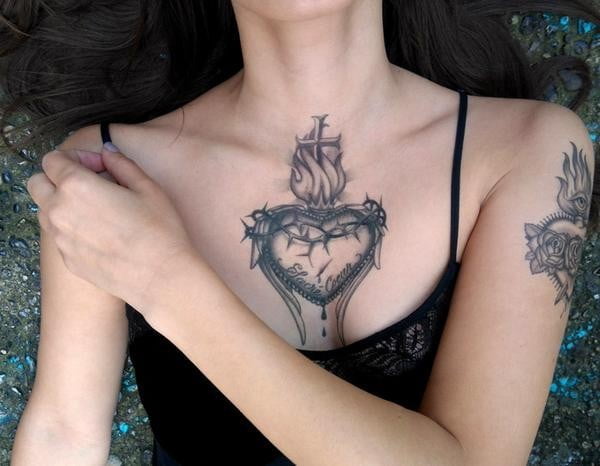 realistic sacred heart tattoo