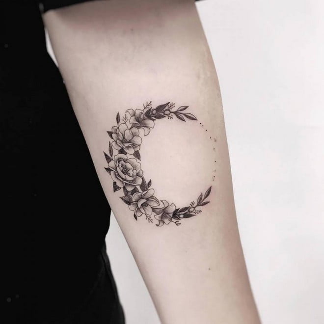 crescent moon flower tattoo