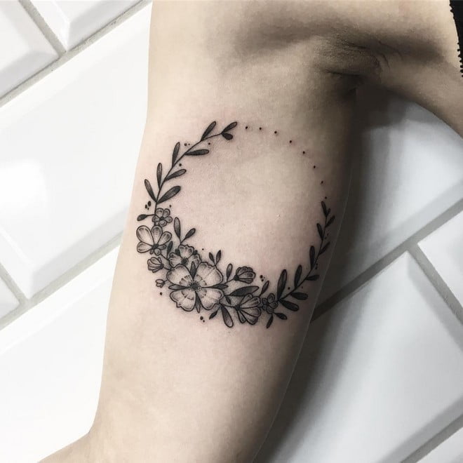 crescent moon with flowers tattoo