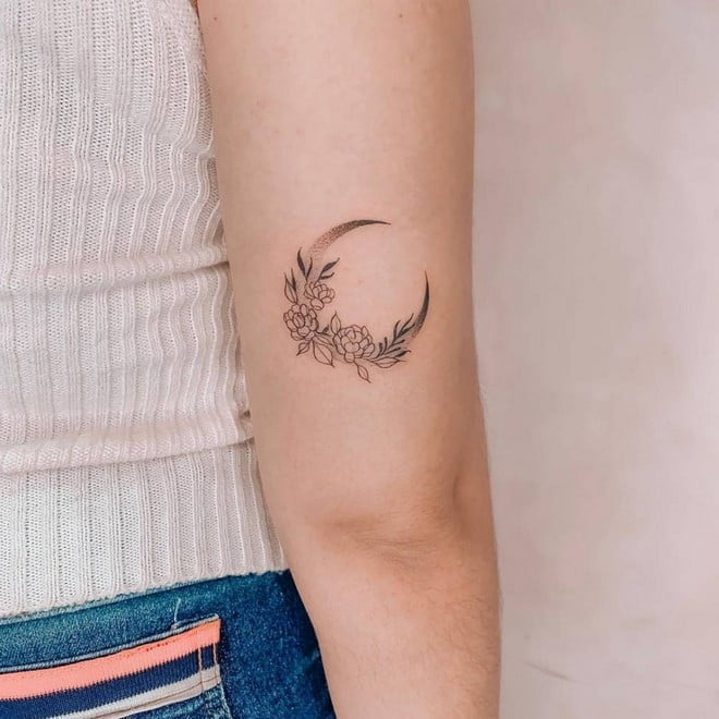 floral crescent moon tattoo